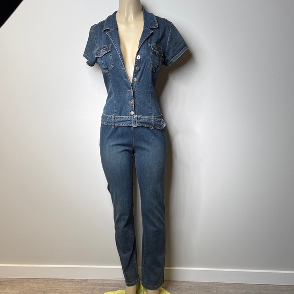 Hot Kiss Pants - Hot Kiss Denim Short-Sleeve Jumpsuit in Blue